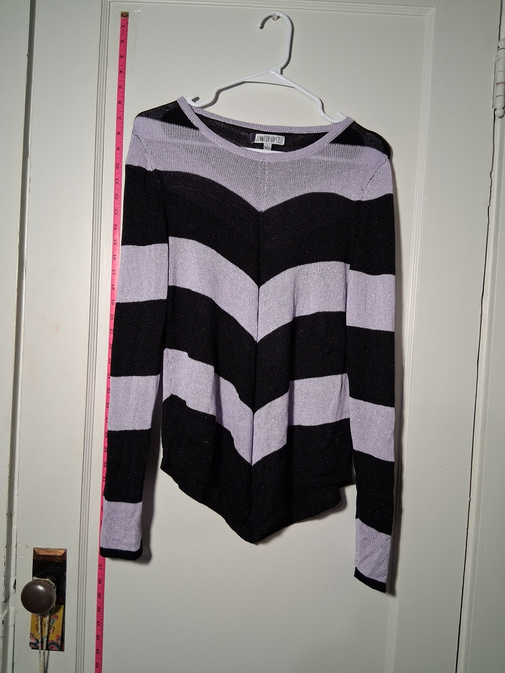 Jennifer Lopez Black and Lavender Chevron Striped Sweater L